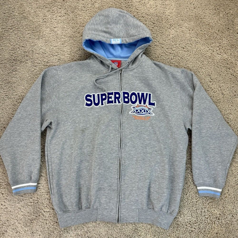 NFL Superbowl XXXIX Hoodie Men L Gray Full Zip 2005 Sewn Spellout Pockets Jacket